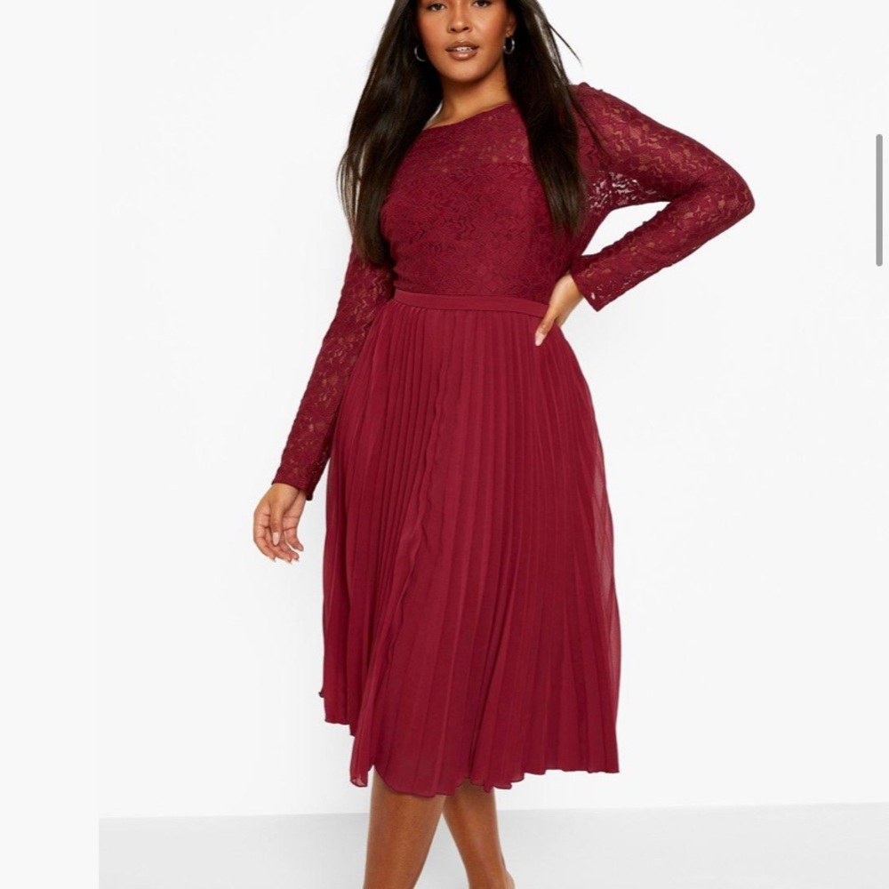 Lace Chiffon Pleated Midi Dress
